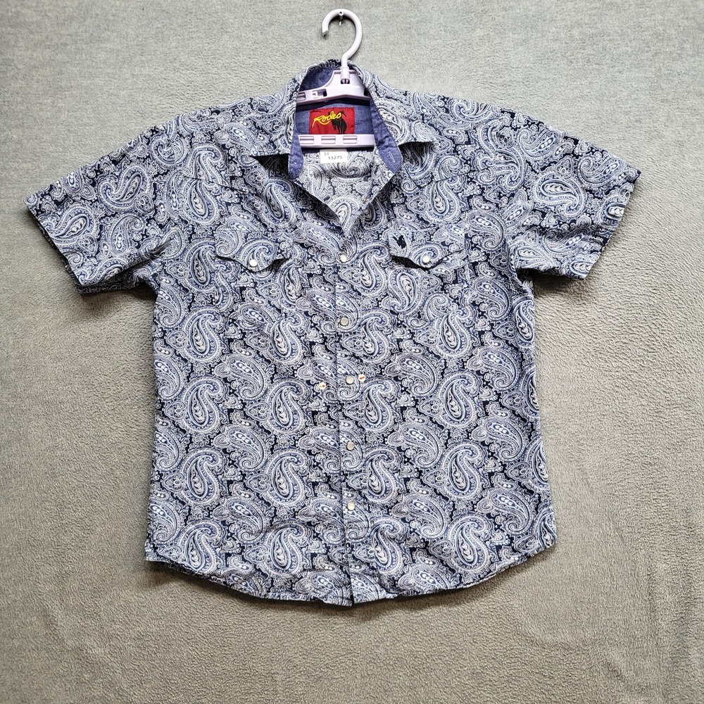 Rodeo Clothing Co Men Button Up Shirt Medium Blue Paisley Short Sleeve READ